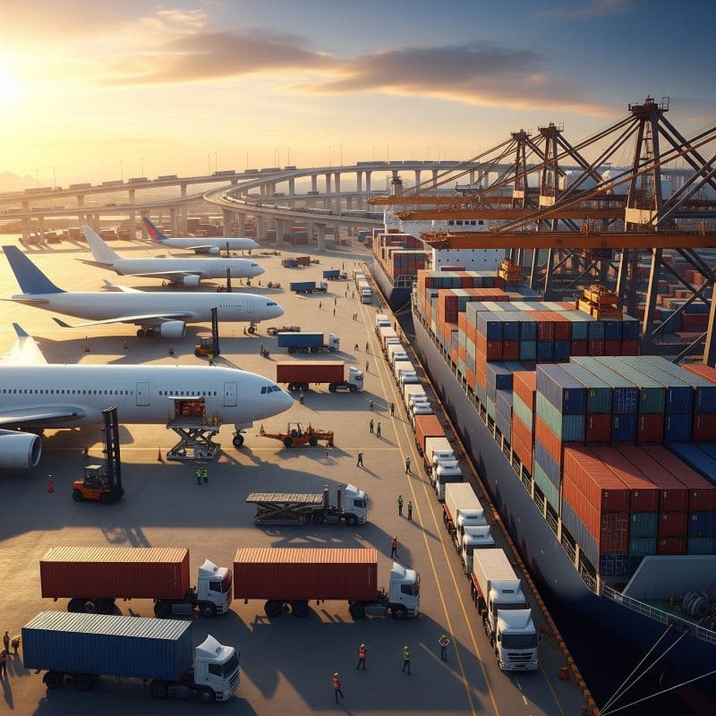 A montage of a cargo ship, airplane, and truck representing multi-modal transport