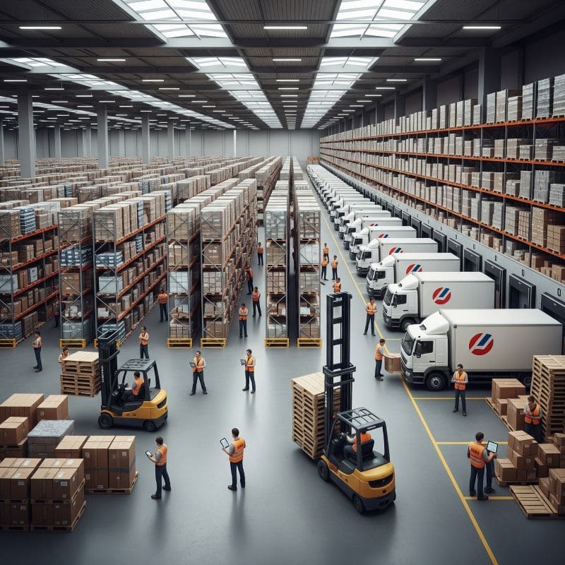 A modern, organized warehouse with a delivery truck ready to depart