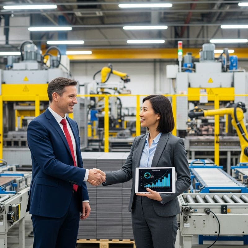 A professional business negotiation leading to a successful partnership agreement