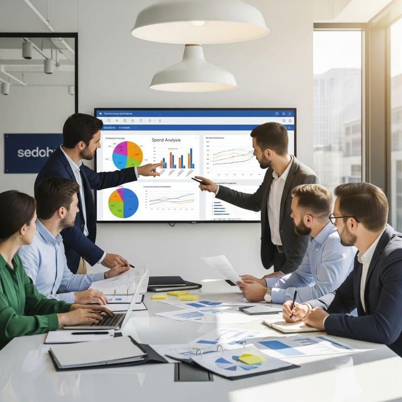 A team collaborating around a whiteboard with strategic procurement plans