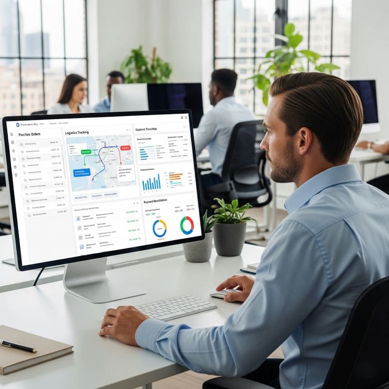 Digital interface displaying a purchase order lifecycle workflow
