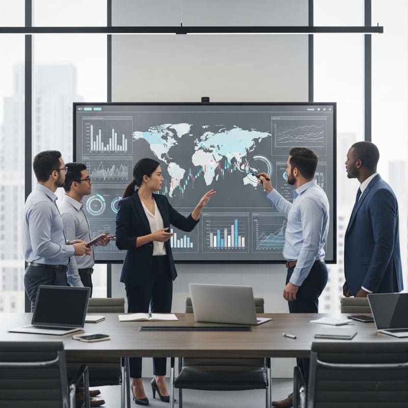 A professional analyzing global market data on a futuristic dashboard